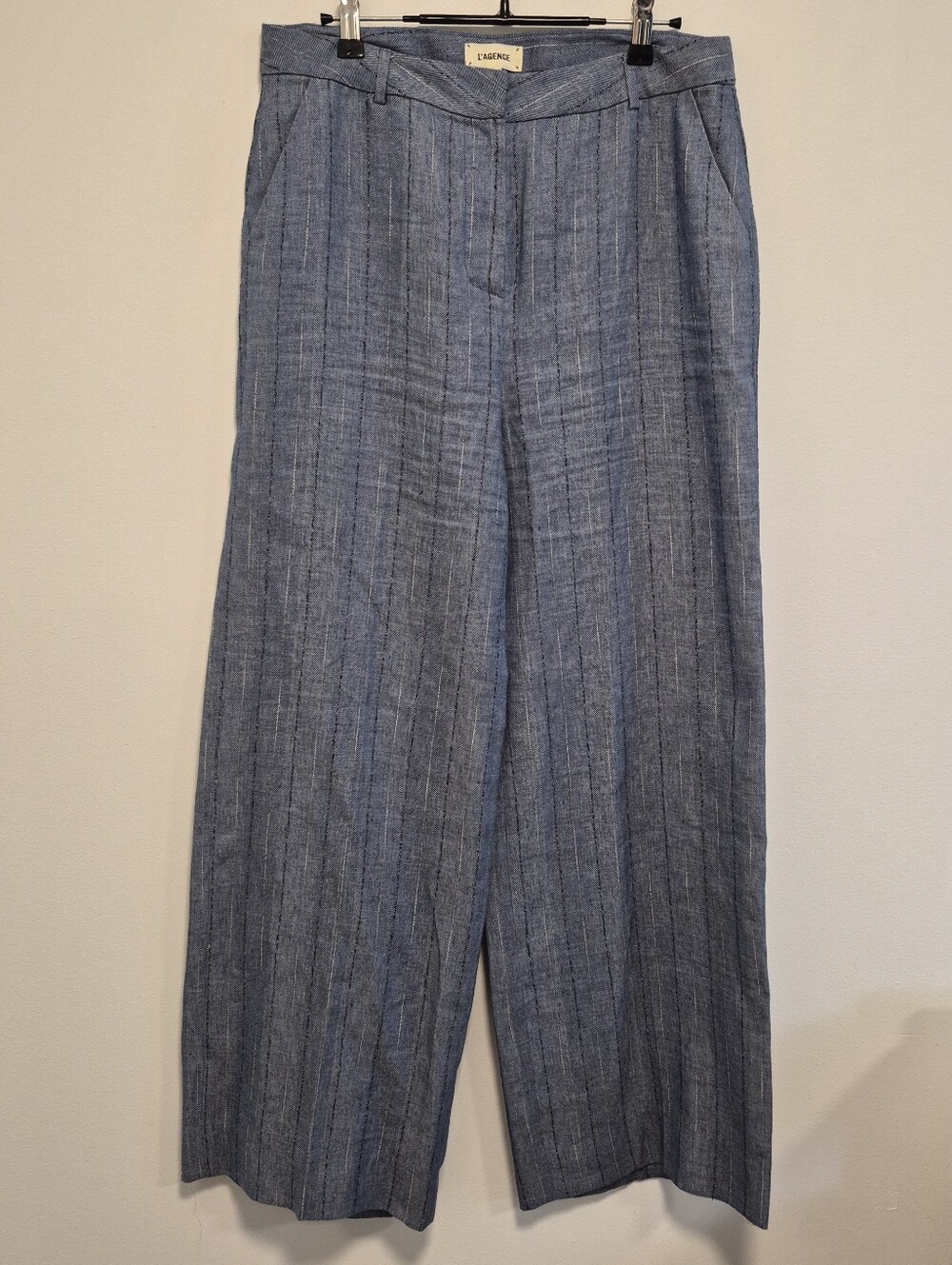 L' Agence Livvy Pinstripe Straight Wide Leg Trousers Blue Pants Womens Sz 8 $450 - Picture 4 of 15